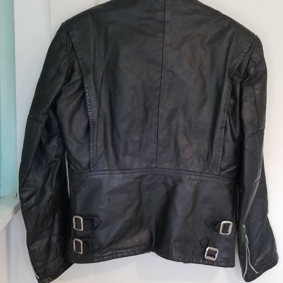 Leather Jacket, Vintage 1980s Coat,  Black Leather Motorcycle Biker Jacket - Picture 2 of 5